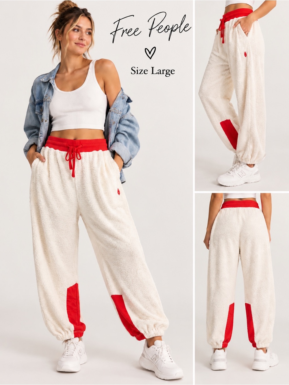 Free People Women’s Cozy Fleece Jogger Pants Cream & Red Size Large
